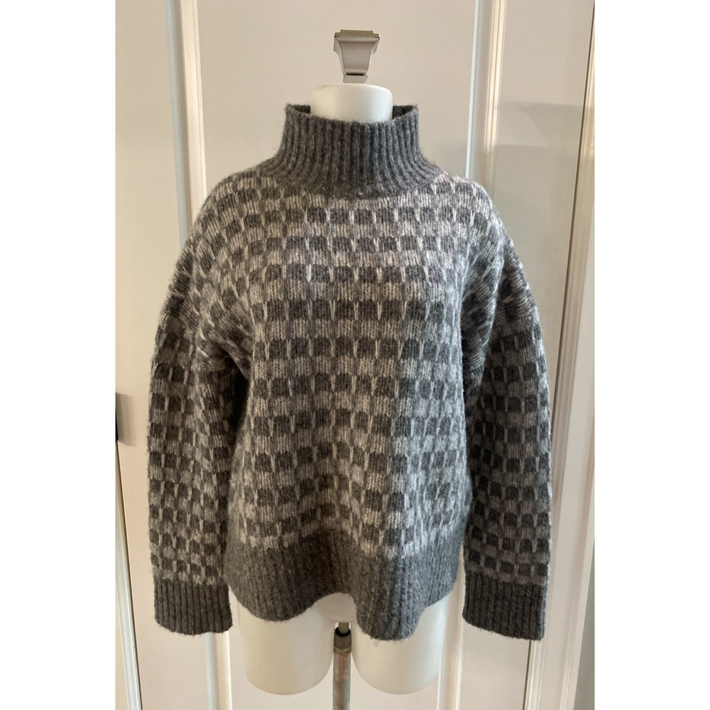 Everlane Gray White Checkered Merino Wool Alpaca Blend Mock Neck Sweater M